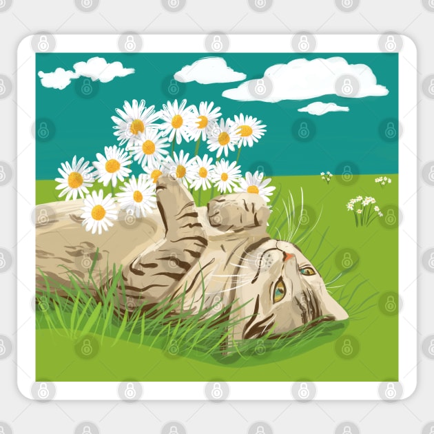 Cute cat with daisies on the prairie Sticker by Mimie20